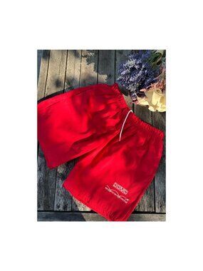 80s DOMO Red Canvas Shorts Elastic Waist We Jump To The Pump Sz M